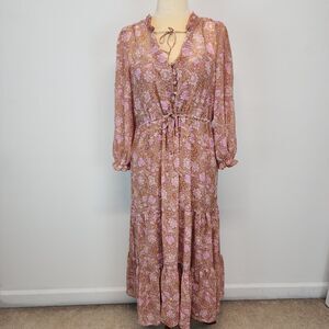 MNG Floral Long Sleeve Maxi Dress Size 8 Pink Brown Chiffon Tiered Cottage Fairy